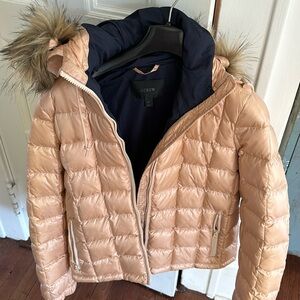 Like new j crew peach color jacket with removable fur in hood. Size medium.